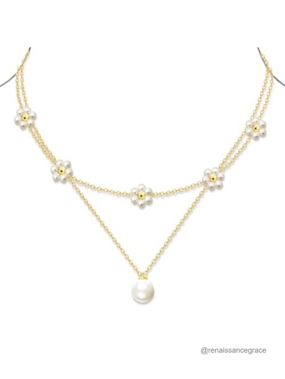 14K Gold Plated Layered Daisy Pearl Choker Necklace Set for Women